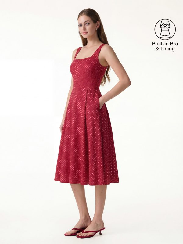 Stretch Cotton Polka Dot Square Neck Midi Bra Dress with Pockets Limited Edition
