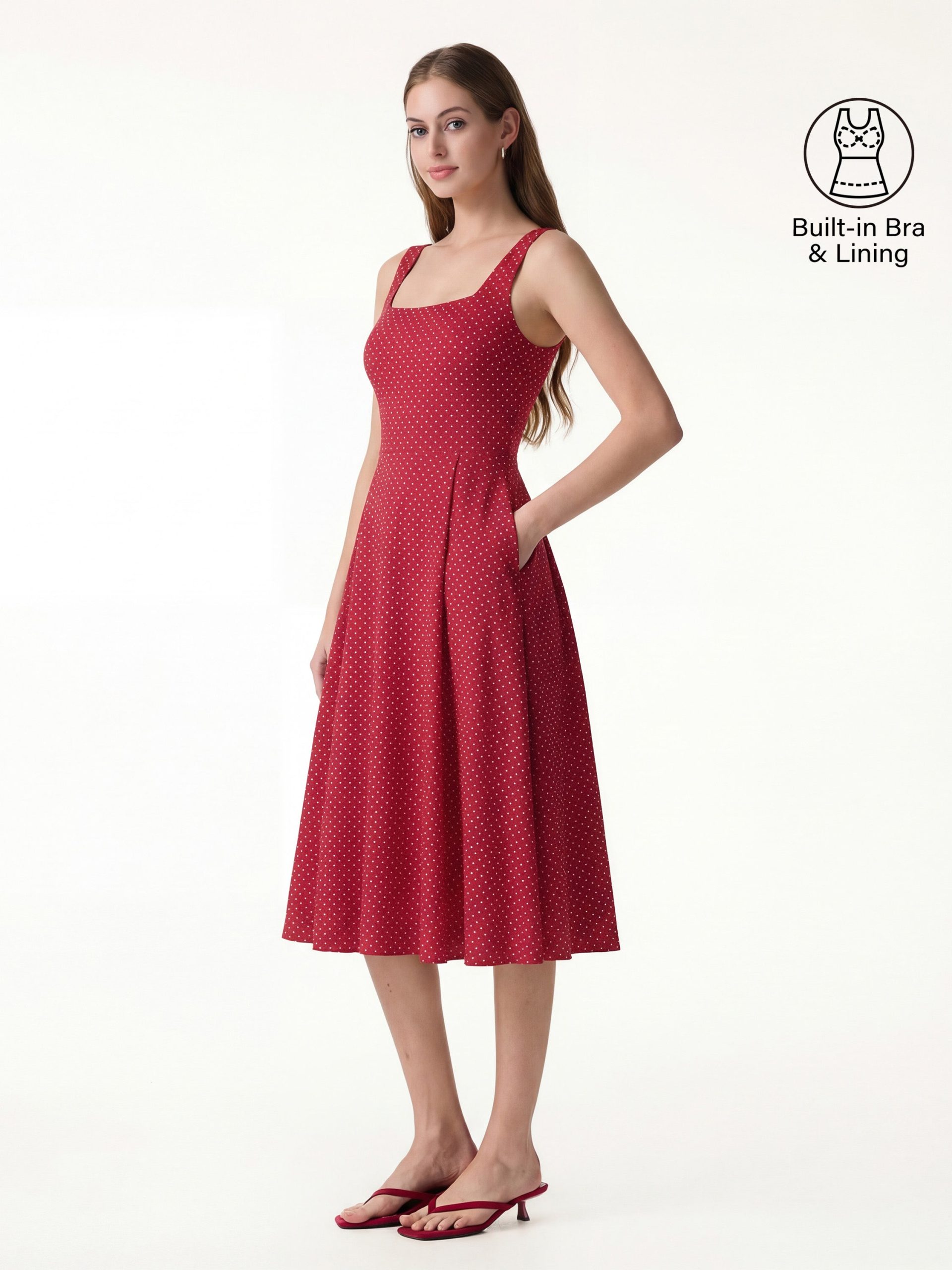 Stretch Cotton Polka Dot Square Neck Midi Bra Dress with Pockets Limited Edition - Image 12