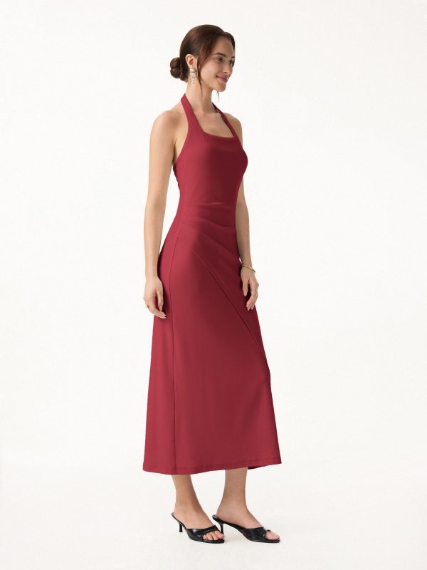 Cotton Lyocell Halter Square Neck Tucked Maxi Dress