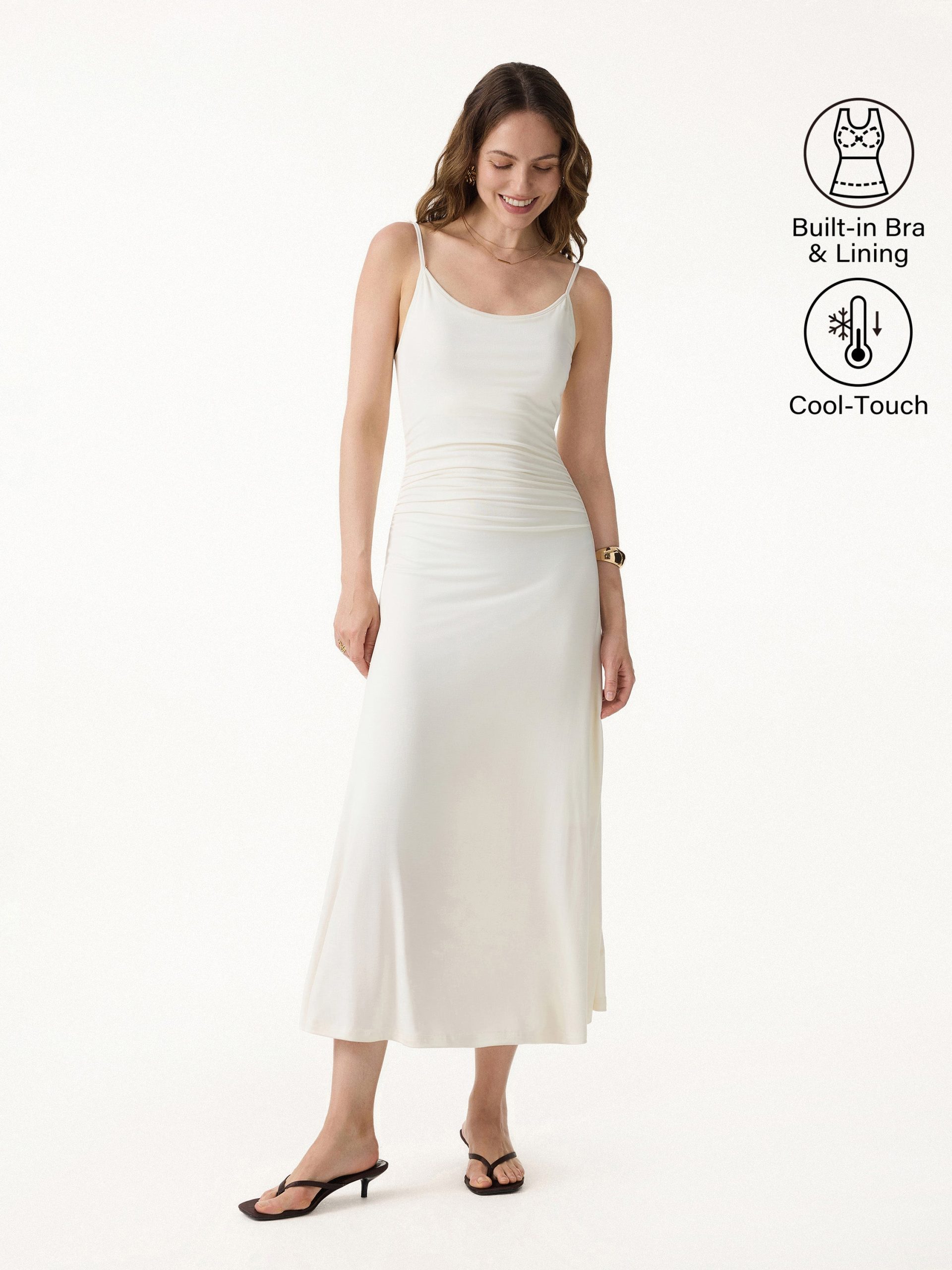 Cooling Lyocell Adjustable Spaghetti Strap Ruched Maxi Bra Dress - Image 4