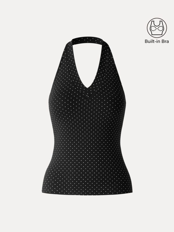 Stretch Cotton Polka Dot Halter Neck Open Back Bra Top