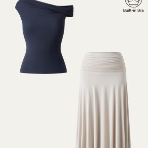 2Pcs Set Multi-wear Bra Top & Side Ruched A-line Midi Skirt