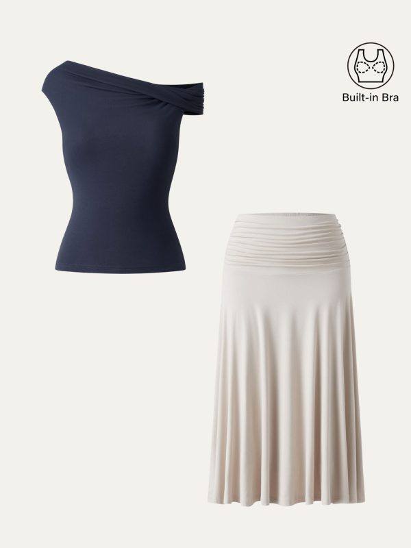2Pcs Set Multi-wear Bra Top & Side Ruched A-line Midi Skirt