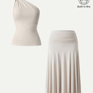 2Pcs Set One Shoulder Twisted Bra Tank & Side Ruched A-line Midi Skirt - Image 2