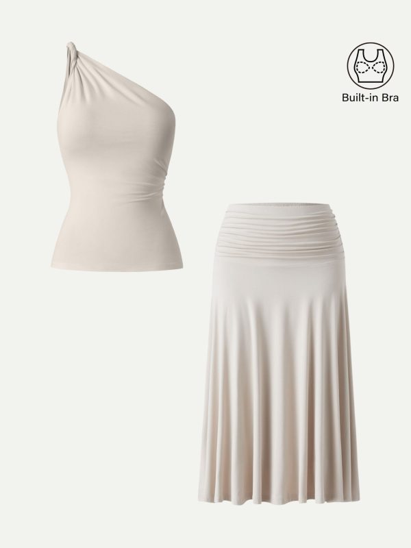 2Pcs Set One Shoulder Twisted Bra Tank & Side Ruched A-line Midi Skirt