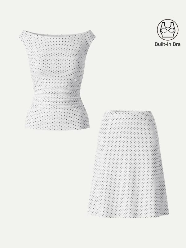 2Pcs Set Polka Dot Boatneck Bra Top & A-Line Flare Skirt Limited Edition