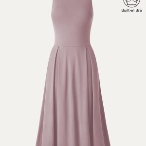Boatneck Pleated Fit-and-Flare Midi Bra Dress with Pockets - Image 14