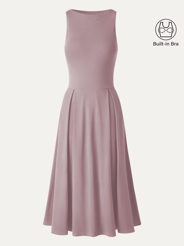Boatneck Pleated Fit-and-Flare Midi Bra Dress with Pockets