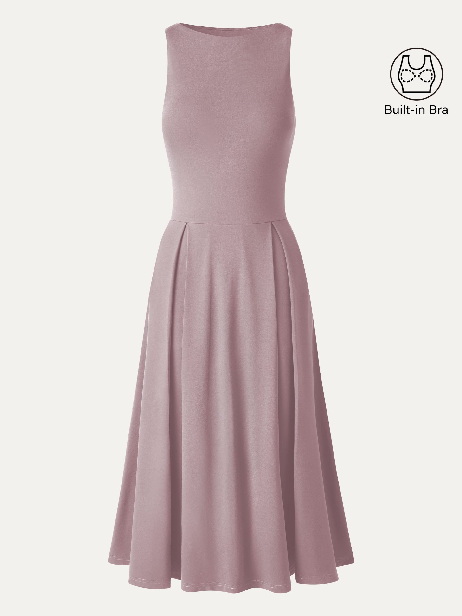 Boatneck Pleated Fit-and-Flare Midi Bra Dress with Pockets - Image 14