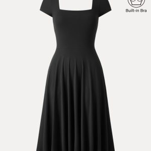 Flowy Square Neck Short Sleeve Midi Bra Dress - Image 14