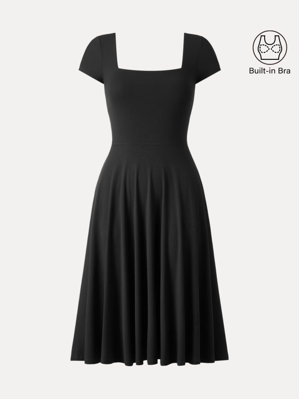 Flowy Square Neck Short Sleeve Midi Bra Dress