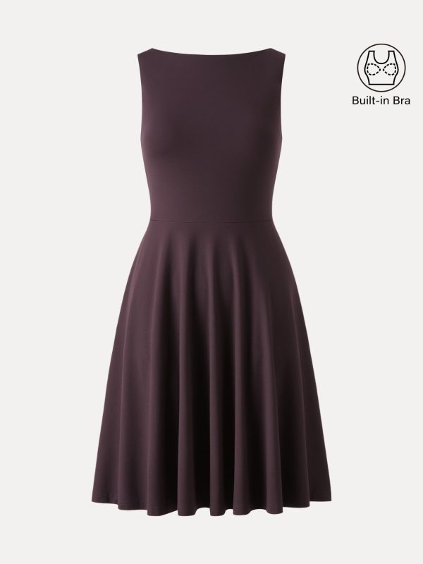 Stretchy Boatneck Fit-and-Flare Mini Bra Dress with Pockets