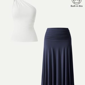 2Pcs Set One Shoulder Twisted Bra Tank & Side Ruched A-line Midi Skirt - Image 6