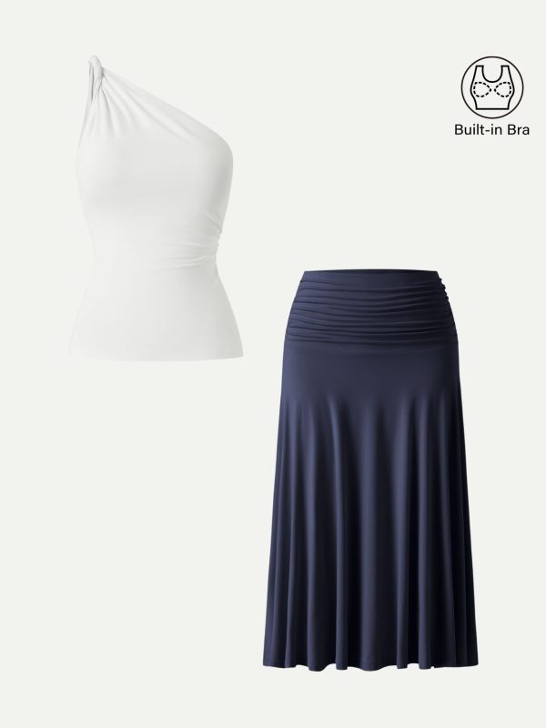 2Pcs Set One Shoulder Twisted Bra Tank & Side Ruched A-line Midi Skirt