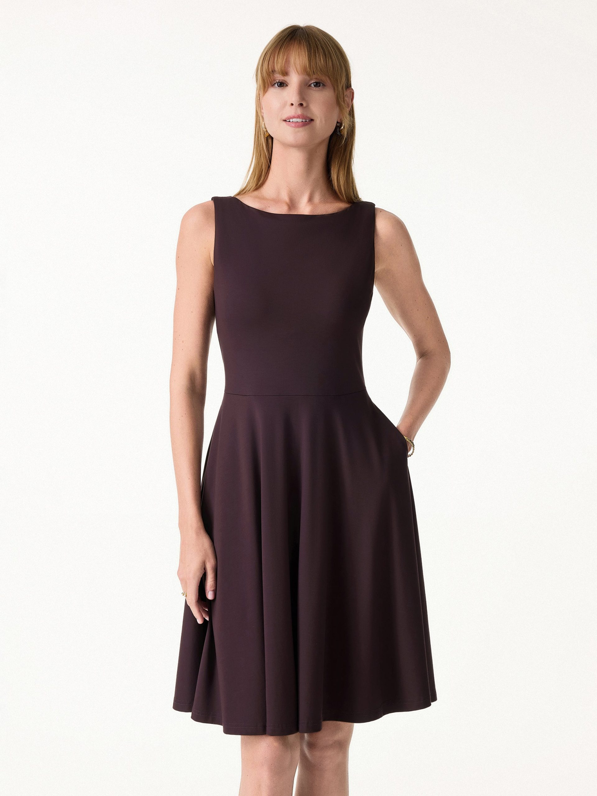 Stretchy Boatneck Fit-and-Flare Mini Bra Dress with Pockets - Image 3
