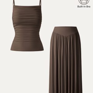 2Pcs Set Adjustable Spaghetti Straps Bra Top & V-shape Maxi Skirt with Pockets - Image 8