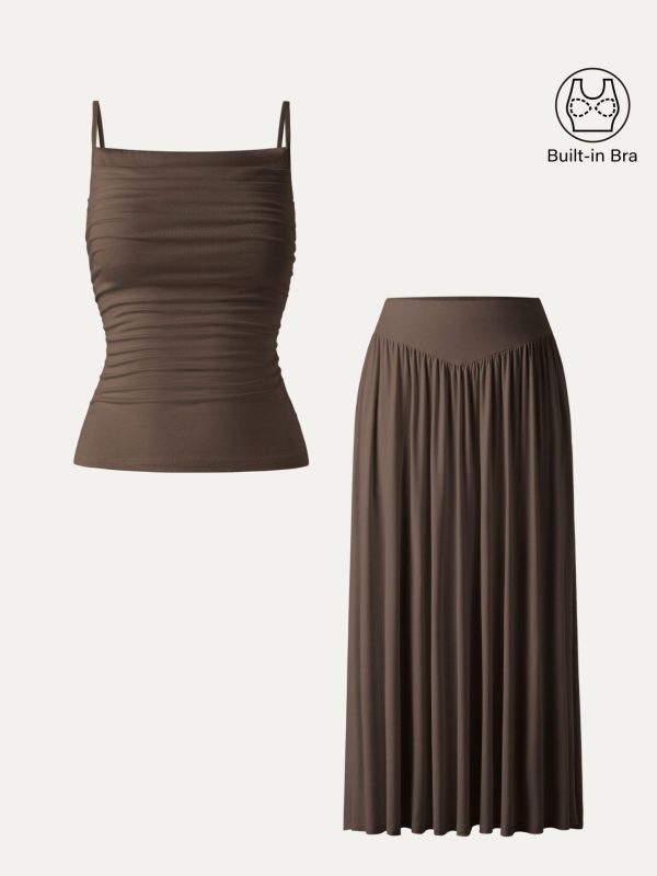 2Pcs Set Adjustable Spaghetti Straps Bra Top & V-shape Maxi Skirt with Pockets