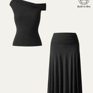 2Pcs Set Multi-wear Bra Top & Side Ruched A-line Midi Skirt - Image 8