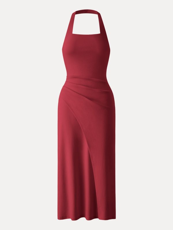 Cotton Lyocell Halter Square Neck Tucked Maxi Dress