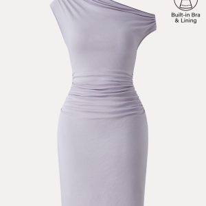 Soft Cotton Lyocell Ruched Asymmetrical Shoulder Mini Bra Dress - Image 11