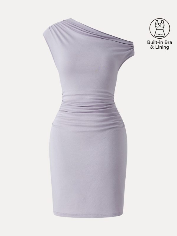 Soft Cotton Lyocell Ruched Asymmetrical Shoulder Mini Bra Dress