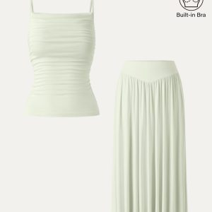 2Pcs Set Adjustable Spaghetti Straps Bra Top & V-shape Maxi Skirt with Pockets - Image 2