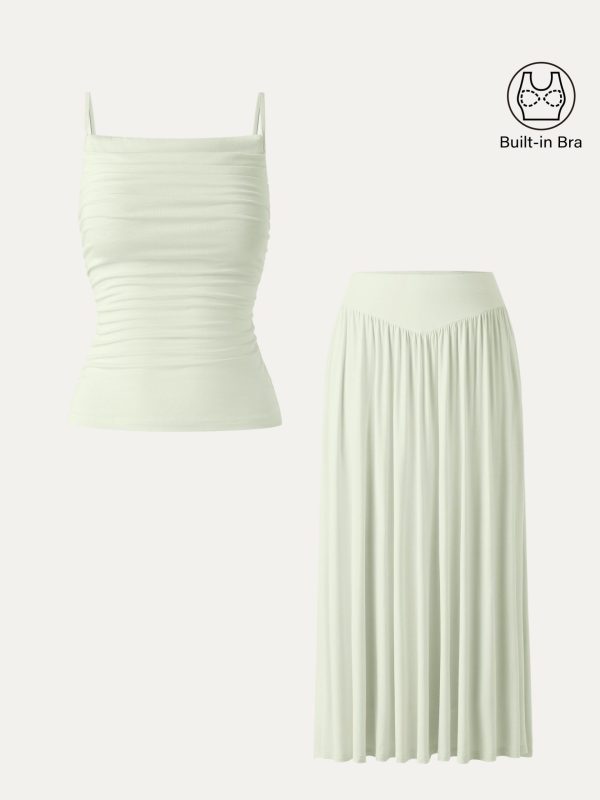 2Pcs Set Adjustable Spaghetti Straps Bra Top & V-shape Maxi Skirt with Pockets