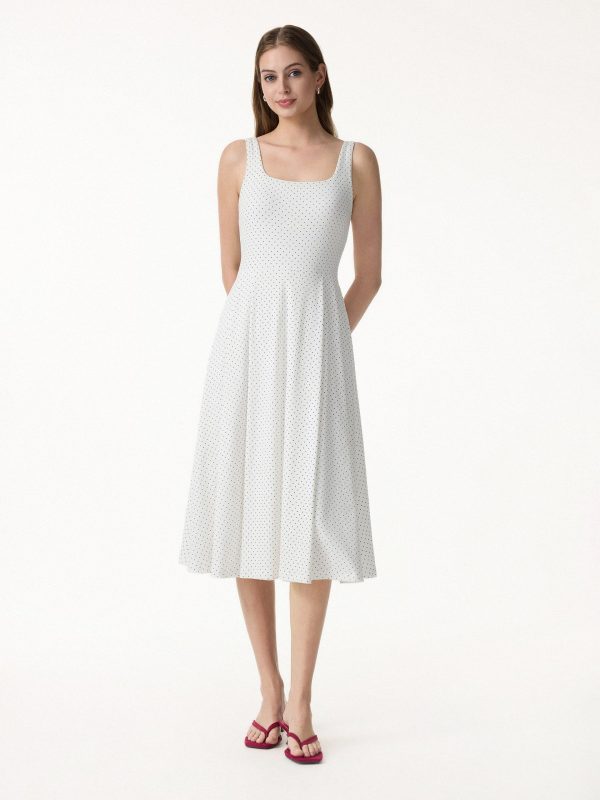 Stretch Cotton Polka Dot Square Neck Midi Bra Dress with Pockets Limited Edition