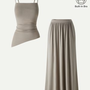 2Pcs Set Spaghetti Bra Top with Side Slit & A-Line Maxi Skirt with Pockets - Image 8