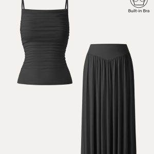 2Pcs Set Adjustable Spaghetti Straps Bra Top & V-shape Maxi Skirt with Pockets - Image 10