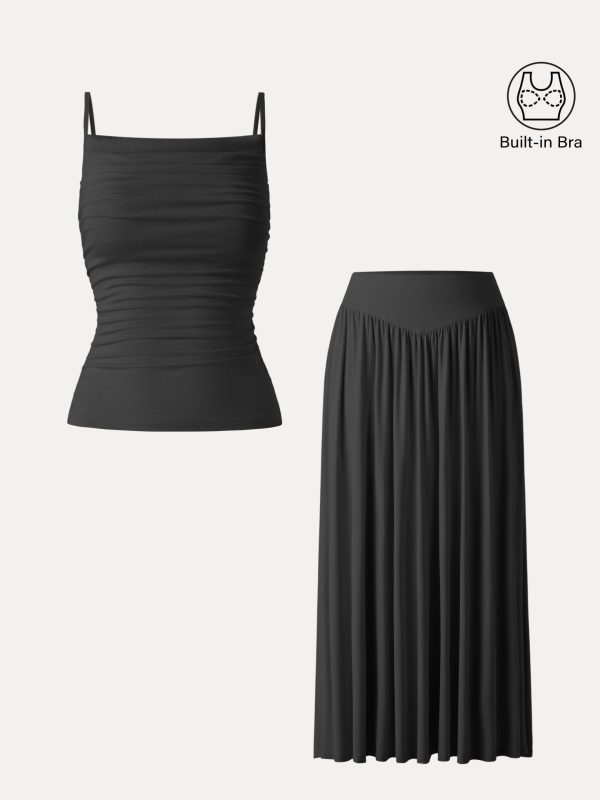 2Pcs Set Adjustable Spaghetti Straps Bra Top & V-shape Maxi Skirt with Pockets