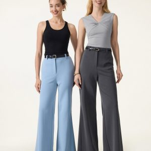 Wrinkle-Resistant High Rise Flared Trousers with Pockets - Image 2