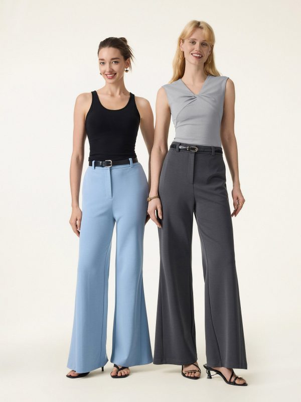 Wrinkle-Resistant High Rise Flared Trousers with Pockets