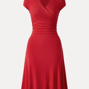 Stretch Cotton Surplice V-neck Cap Sleeve Midi Dress - Image 2