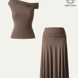 2Pcs Set Multi-wear Bra Top & Side Ruched A-line Midi Skirt - Image 7