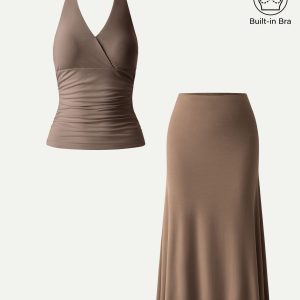 2Pcs Set Halter Neck Bra Tank & Pull-on Mermaid Midi Skirt - Image 4
