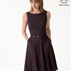 Stretchy Boatneck Fit-and-Flare Mini Bra Dress with Pockets - Image 1