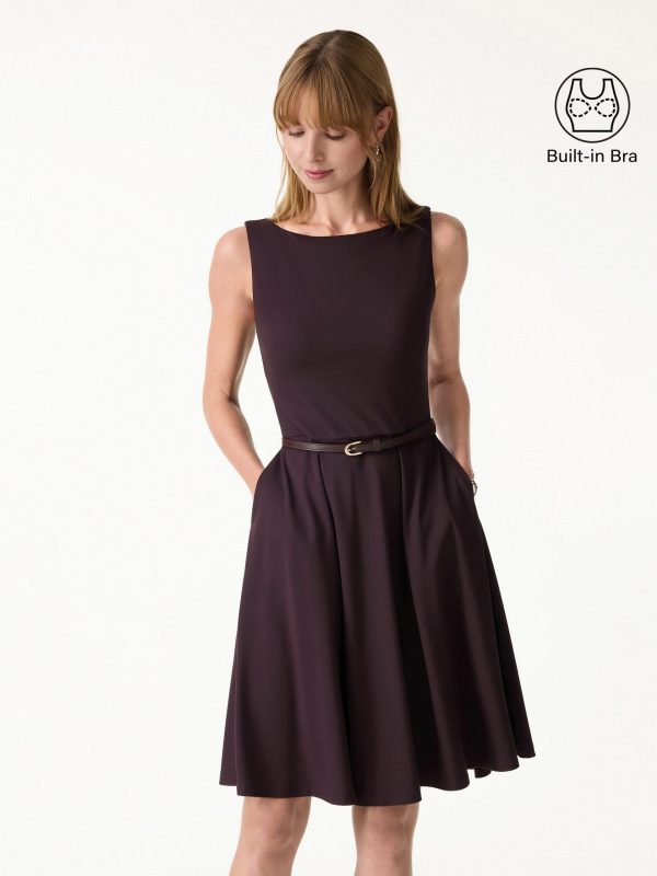 Stretchy Boatneck Fit-and-Flare Mini Bra Dress with Pockets
