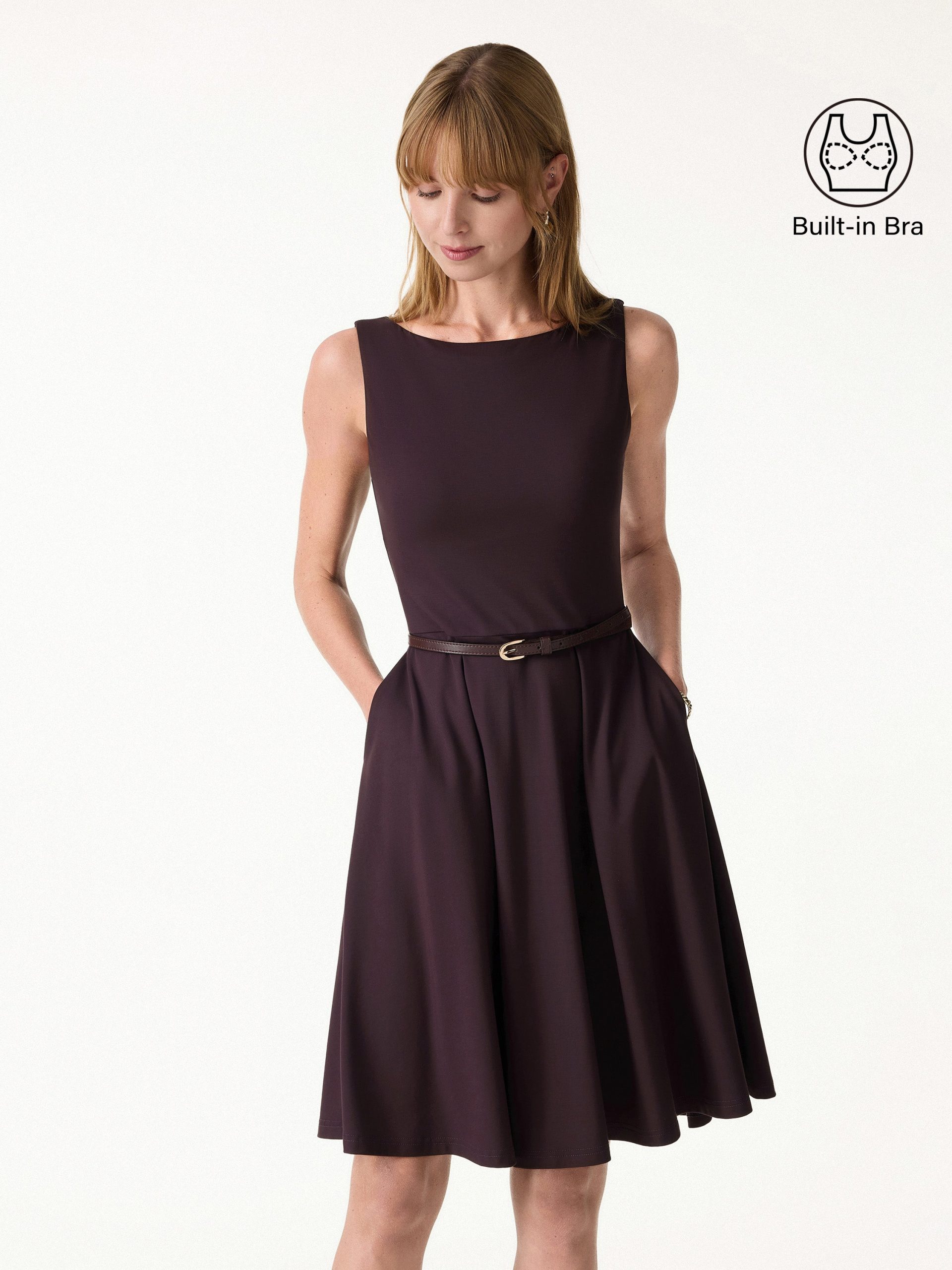 Stretchy Boatneck Fit-and-Flare Mini Bra Dress with Pockets - Image 1