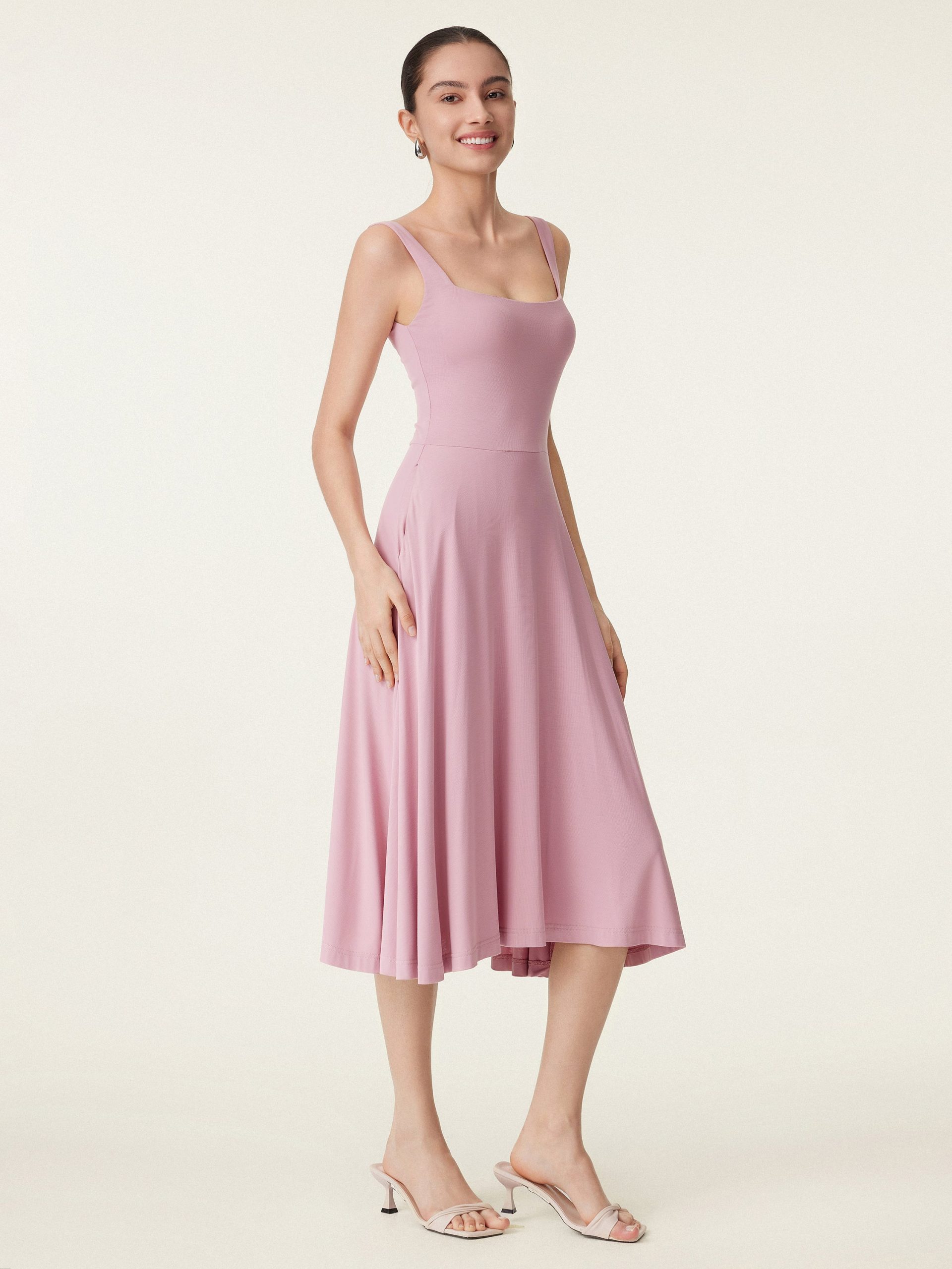 Square Neck Flowy New Airy Bra Midi Dress - Image 7