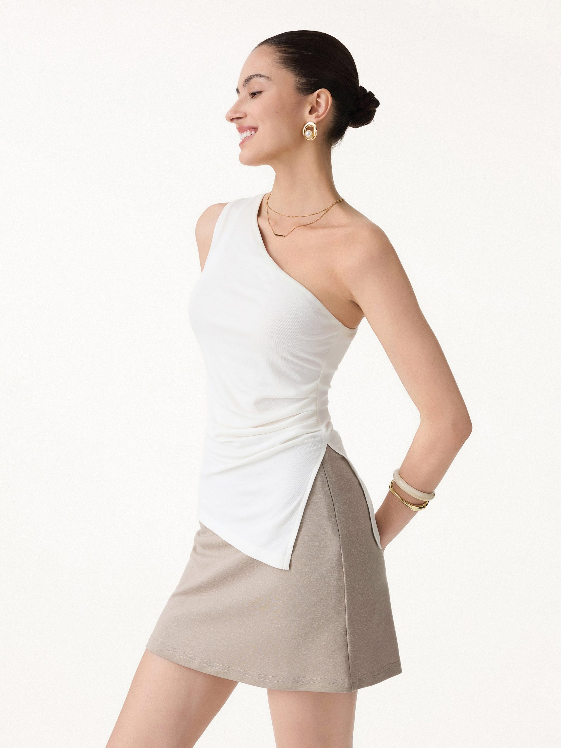 Linen Knit One Shoulder Bra Tank - Image 1