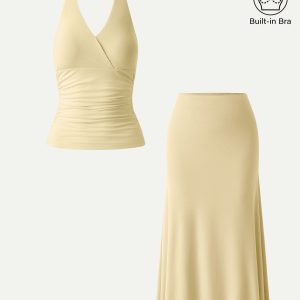 2Pcs Set Halter Neck Bra Tank & Pull-on Mermaid Midi Skirt - Image 2