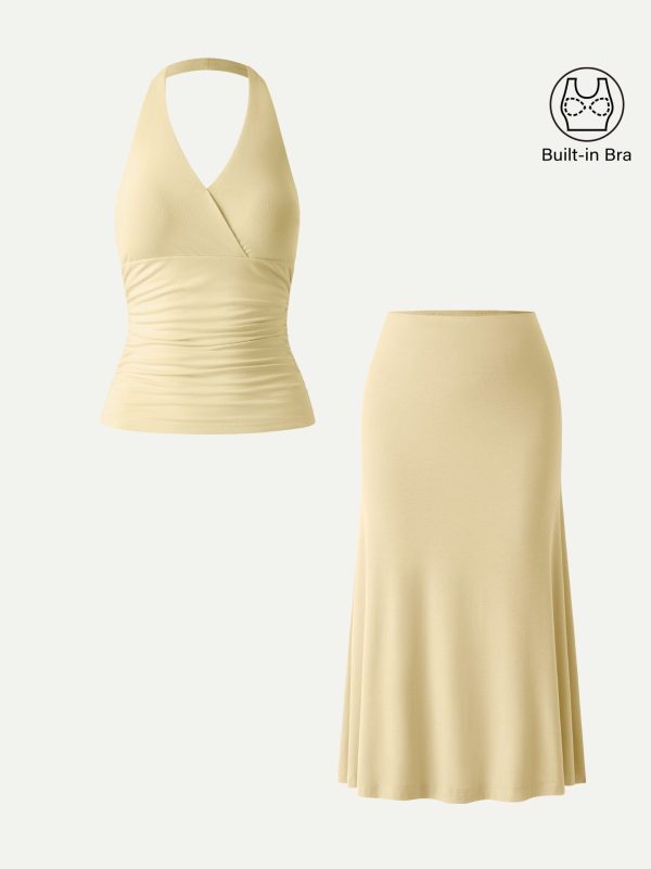 2Pcs Set Halter Neck Bra Tank & Pull-on Mermaid Midi Skirt