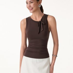Milky Smooth Round Neck Sleeveless Top with Bow - Image 1