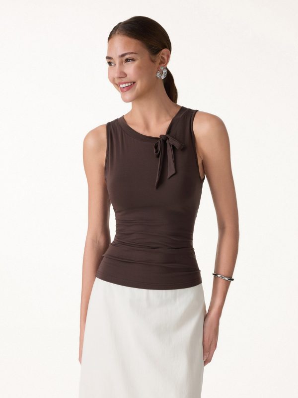 Milky Smooth Round Neck Sleeveless Top with Bow