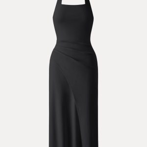 Cotton Lyocell Halter Square Neck Tucked Maxi Dress - Image 14