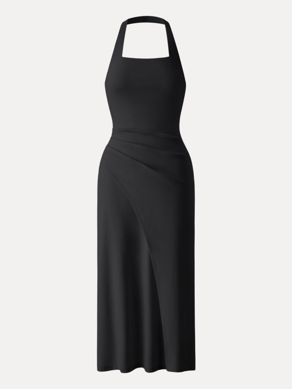 Cotton Lyocell Halter Square Neck Tucked Maxi Dress
