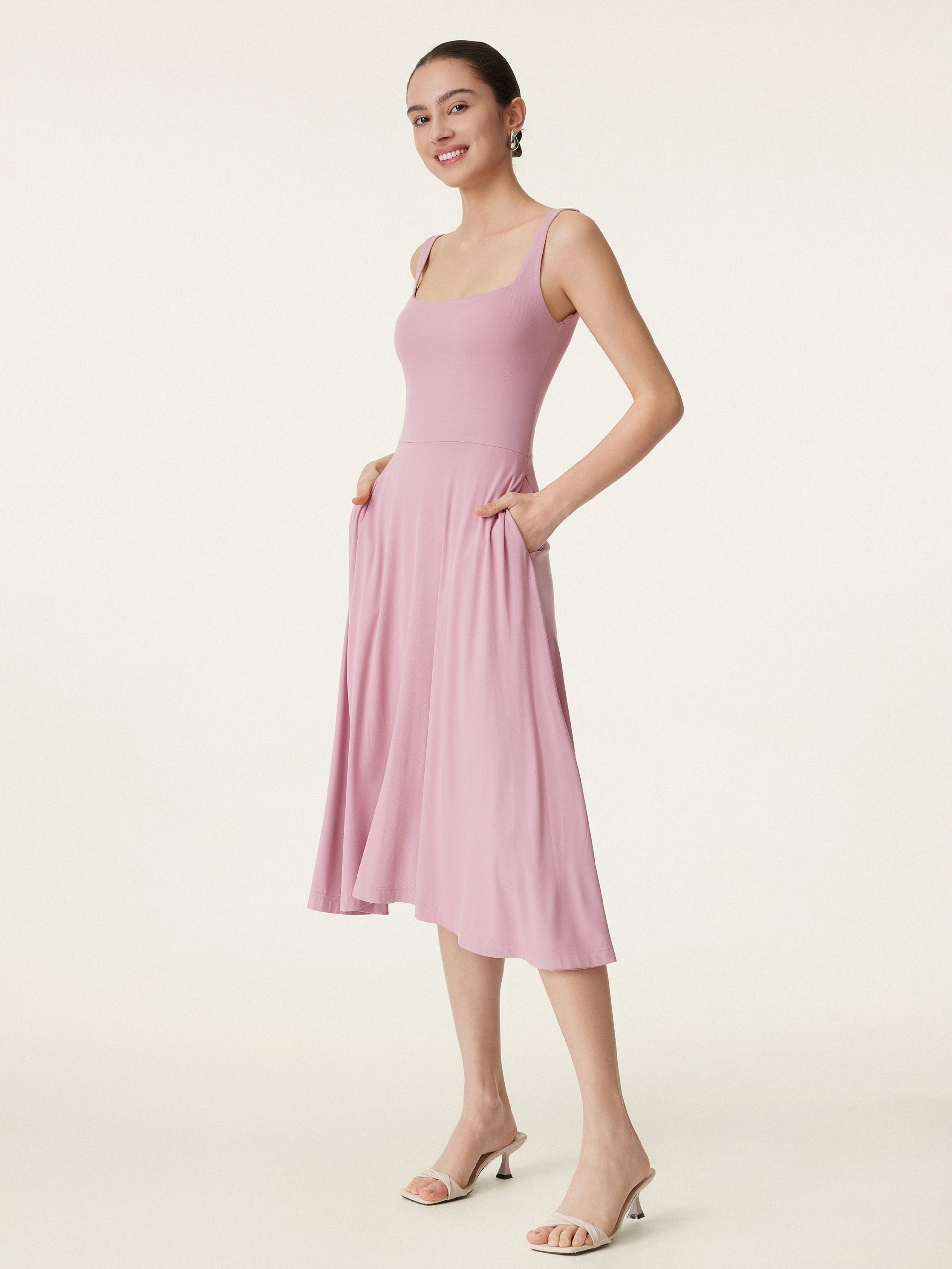 Square Neck Flowy New Airy Bra Midi Dress - Image 5