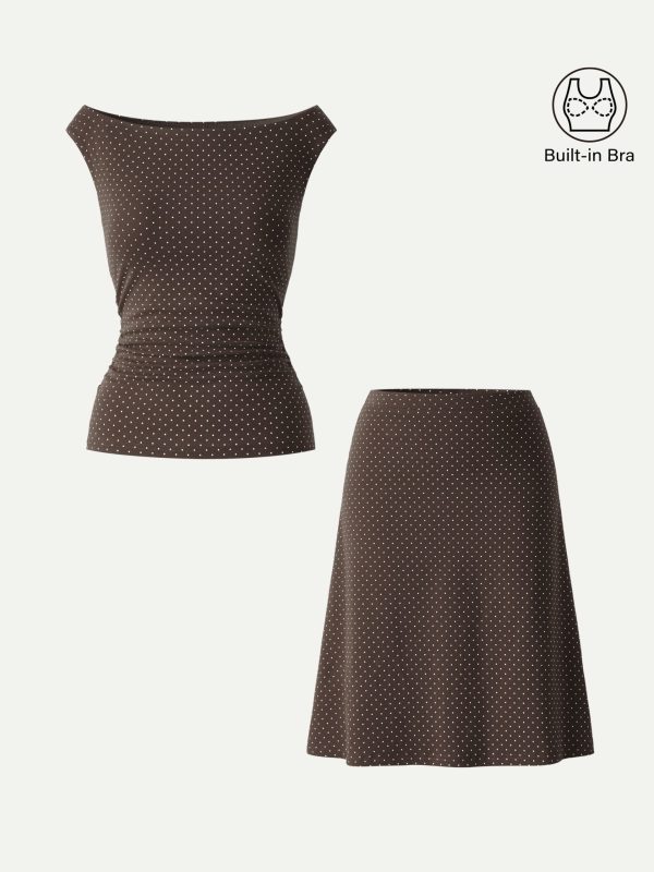 2Pcs Set Polka Dot Boatneck Bra Top & A-Line Flare Skirt Limited Edition