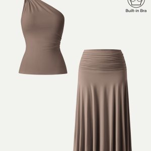 2Pcs Set One Shoulder Twisted Bra Tank & Side Ruched A-line Midi Skirt - Image 4
